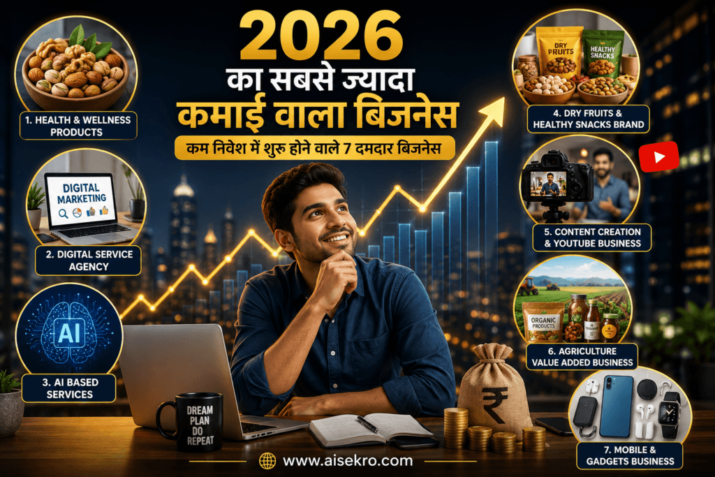 2026 ka sabse jyada kamai wala business ideas – health wellness, digital marketing, AI services, YouTube aur agriculture business opportunities