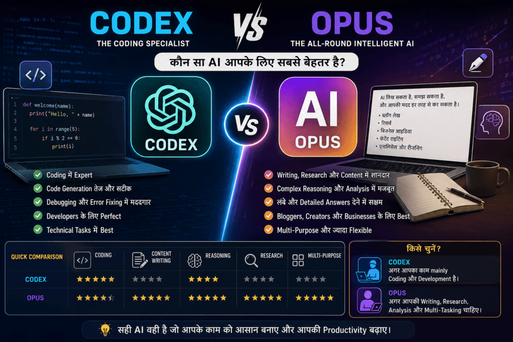 Codex vs Opus AI Comparison – Coding, Writing, Research aur Reasoning me Kaun Behtar Hai