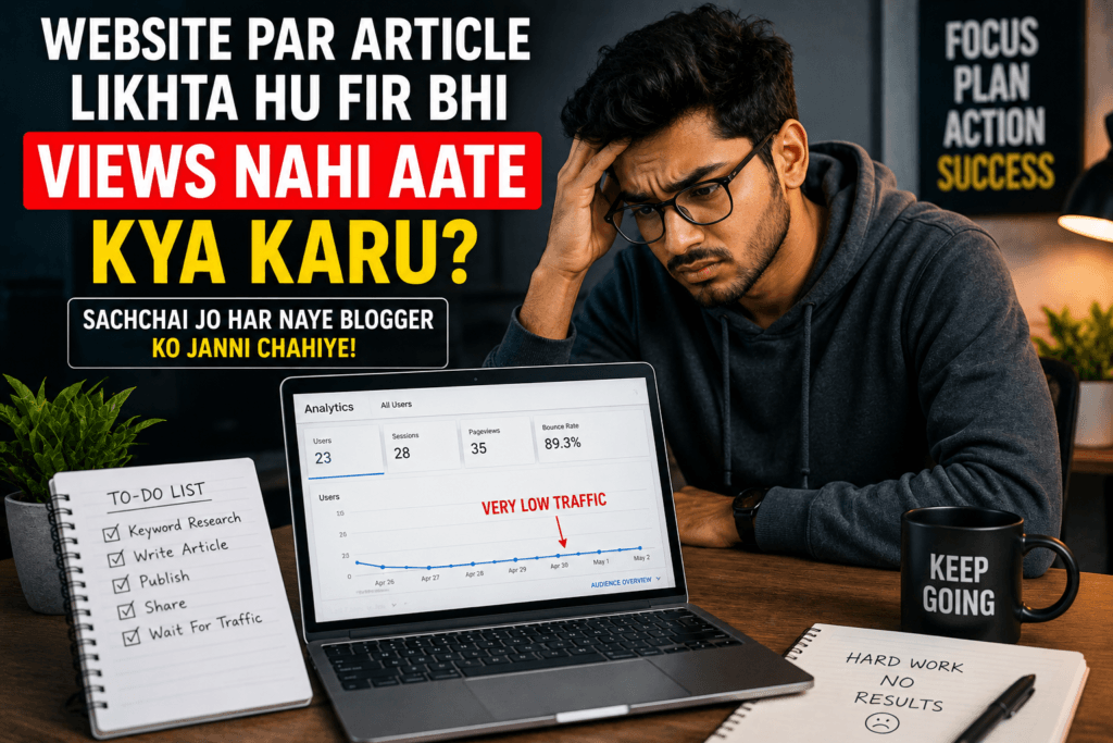 Website Par Article Likhta Hu Fir Bhi Views Nahi Aate – Blogger checking low website traffic and analytics dashboard